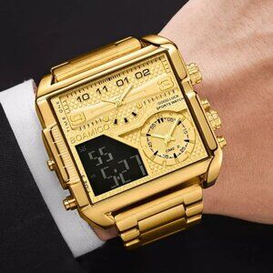 BOAMIGO Square Big Dial 3 TimeZone Stainless Steel‎ Watch For Men